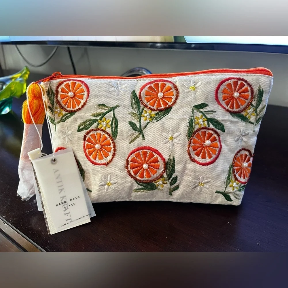 Antik Kraft Citrus orange slices Embroidered Pouch cosmetic bag